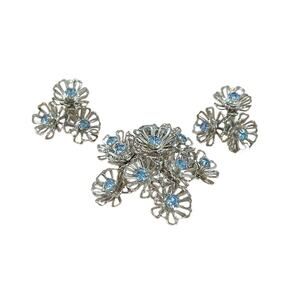 Vintage Coro Silver Filigree and Blue Rhinestone Brooch & Earring Set EUC